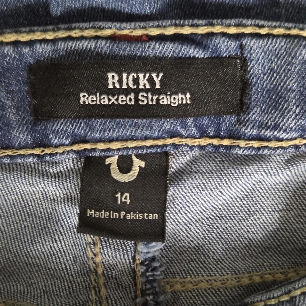 True Religion Jeans Youth 14 Blue Ricky Relaxed Straight Stretch Denim Patches